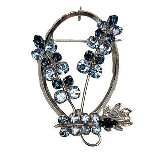 STAR-ART Sterling Silver Oval Open Blue Rhinestone Pendant Brooch, Signed
